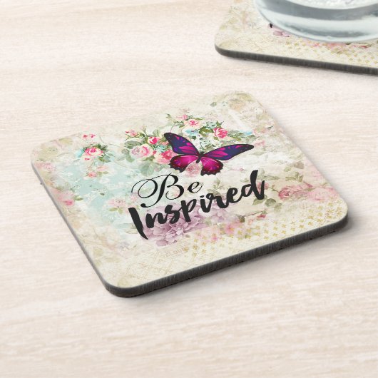 ベインスパイア引用文&ピンクバタフライヴィンテージコラージュ コースター (左側)