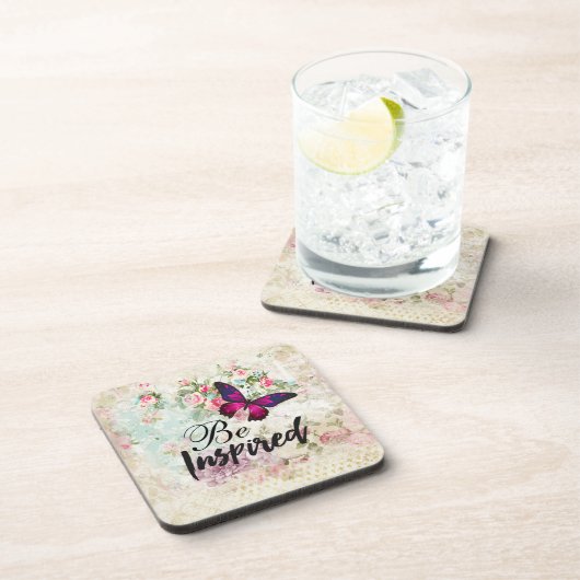 ベインスパイア引用文&ピンクバタフライヴィンテージコラージュ コースター (右側)