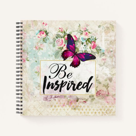 ベインスパイア引用文&ピンクバタフライヴィンテージコラージュ ノートブック (正面)