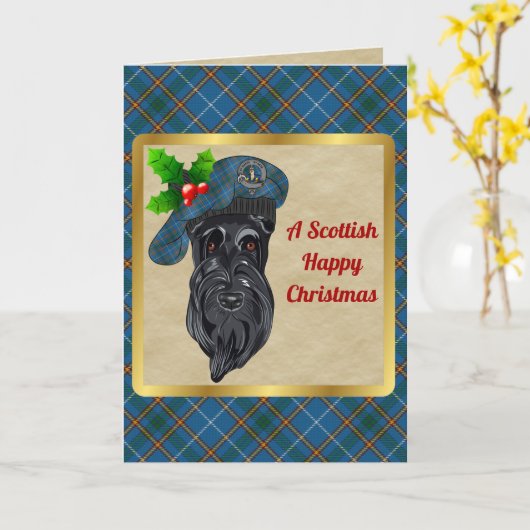 ベインバッジ&タータンチェックパーソナライズされたクリスマス カード (黄色い花)