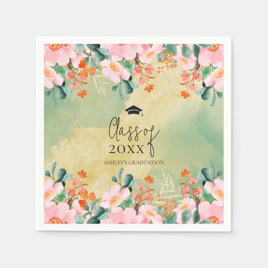 ベオウピンクの水色フローラ植物卒業 スタンダードカクテルナプキン (正面)