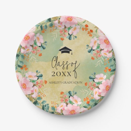 ベオウピンクの水色フローラ植物卒業 ペーパープレート (正面)