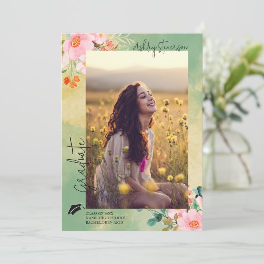 ベオウピンクの水色フローラ植物卒業 案内状 (スタンド正面)