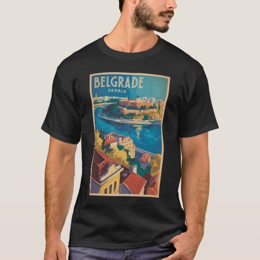 ベオグラード セルビア 川 イラスト 旅行 アート Tシャツ (正面)
