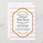 ベカスタムビーシャワー招待状、金ゴールド、ピンクストライプ 招待状 (正面/裏面)