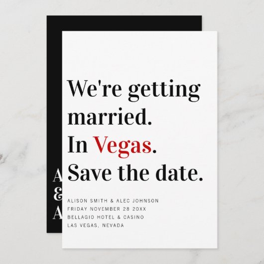 「ベガスで結婚式を挙げる」結婚式の招待状・日時おたより セーブザデート (正面/裏面)