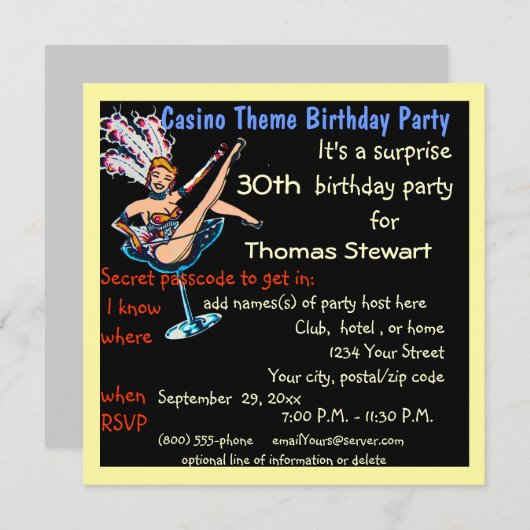ベガスのカジノのスタイルの誕生会 招待状 (正面/裏面)