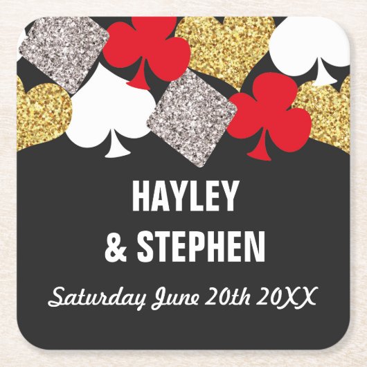 ベガスのコースターの結婚披露宴のカジノのグリッター スクエアペーパーコースター (正面)