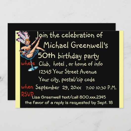 ベガスのスタイルのカジノのショーガールの誕生会 招待状 (正面/裏面)