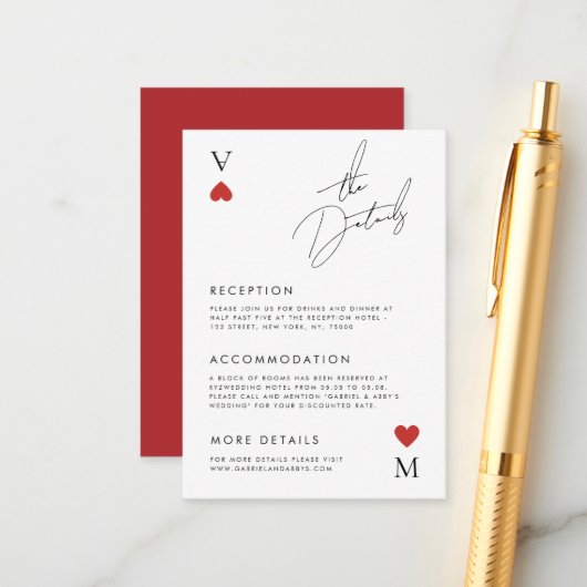 ベガスカジノのトランプスタイルのウェディング詳細 エンクロージャーカード (正面/裏面インサイチュ)