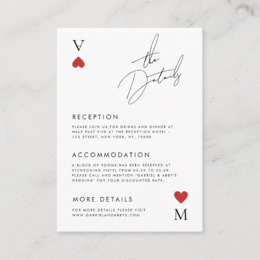 ベガスカジノのトランプスタイルのウェディング詳細 エンクロージャーカード (正面)