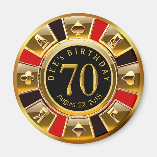 ベガスカジノチップ70誕生日 |赤い金ゴールド黒 マグネット (正面)
