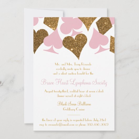 ベガスカジノパーティーフェイク金ゴールドグリッターと任意の色 招待状 (正面)