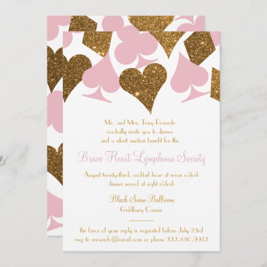 ベガスカジノパーティーフェイク金ゴールドグリッターと任意の色 招待状 (正面/裏面)