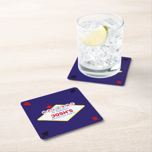 ベガスサインミッドナイトブルーパーソナライズされた スクエアペーパーコースター (インサイチュ)