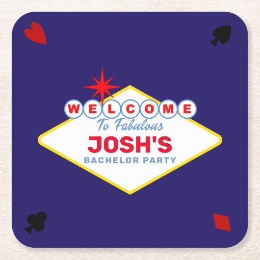 ベガスサインミッドナイトブルーパーソナライズされた スクエアペーパーコースター (正面)