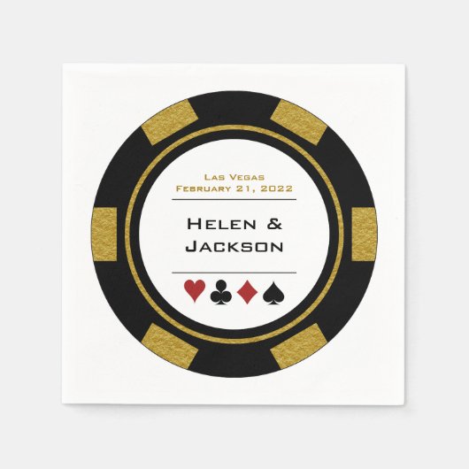 ベガス結婚ズブラック金ゴールドホワイトカジノトランプのポーカーチップ スタンダードカクテルナプキン (正面)