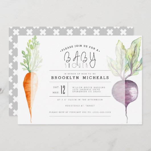 ベギー・デュオ |ビート&にんじん水色ベビーシャワー 招待状 (正面/裏面)