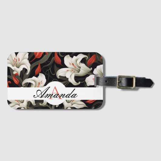 ベクターホワイトと赤の葉のユリ模様モノグラーム ラゲッジタグ (正面横)