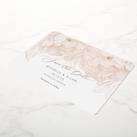 ベジエレガントュピーニーウェディングは日付カードを保存 箔招待状 (回転した状態)