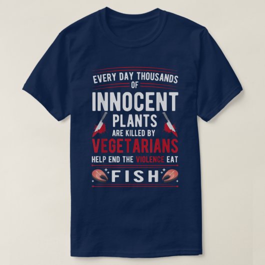 ベジタリアンに殺された植物が魚を食べ襲う Tシャツ (デザイン正面)