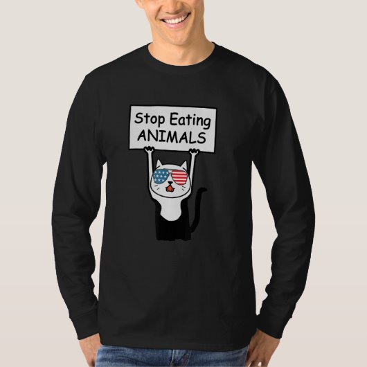 ベジタリアンビーガンストップ猫食べの動物 Tシャツ (正面)
