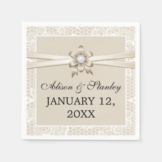 ベジ縁どュリボン&フラワー結婚ズのレース スタンダードカクテルナプキン (正面)