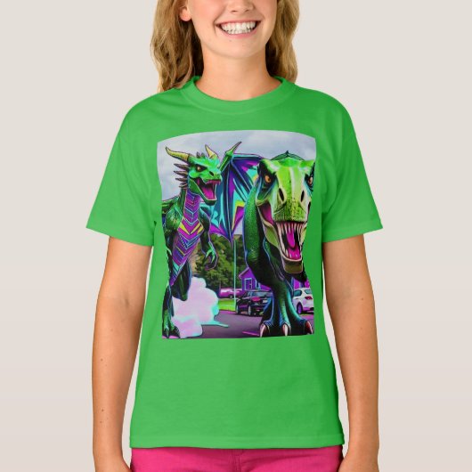 ベストフレンド - ドラゴンと恐竜の散歩 Tシャツ (正面)