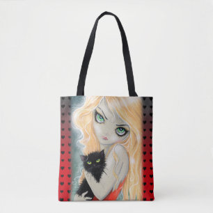 ベストフレンド ビッグアイガールと黒猫のアート トートバッグ