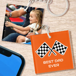 ベスト・ダッド・エバー写真レーシングチェッカーフラッグ オレンジ キーホルダー
