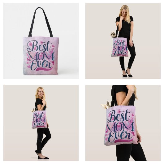 ベスト・モム・エバー ピンクハート 蝶 花柄 トートバッグ