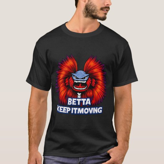ベタを動かし続ける – 怒ったベタのキャラクター Tシャツ (正面)