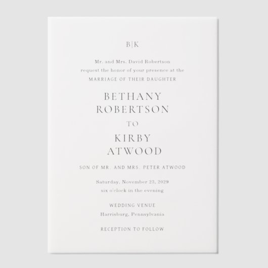 ベタニー伝統的エレガントな結婚式 ベラム紙招待状 (正面)