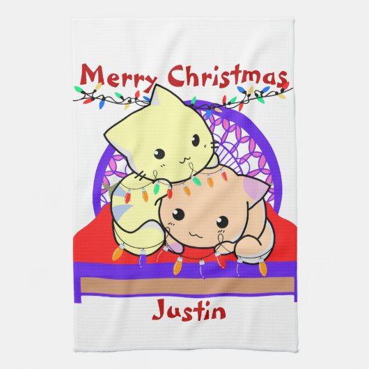 ベッドでクリスマスのネコ、名前入り  キッチンタオル (縦)