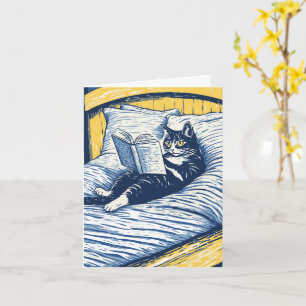 ベッドで本を読む猫 カード
