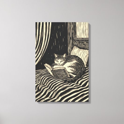 ベッドで本を読む猫 キャンバスプリント (正面)