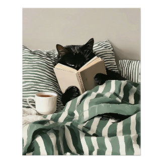 ベッドで本を読む黒猫 ポスター