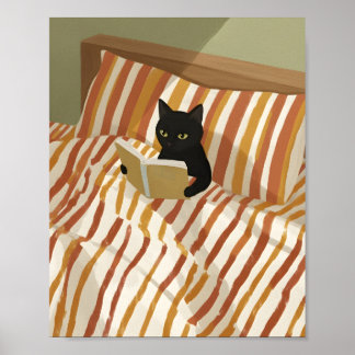 ベッドで読書する黒猫 | 穏やかな寝室 | 猫 ポスター
