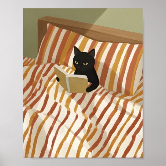 ベッドで読書する黒猫 | 穏やかな寝室 | 猫 ポスター (正面)