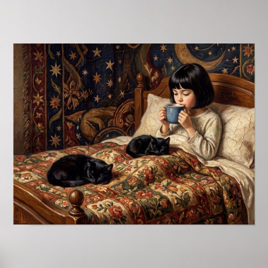 ベッドで黒猫と戯れる少女の絵画 ポスター (正面)