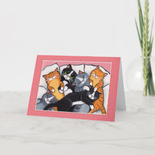 ベッドで6匹の眠い猫 – Cat Art Card カード