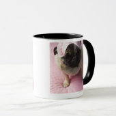 ベッドに坐る頭部の目マスクを持つパグ犬 マグカップ (正面右)