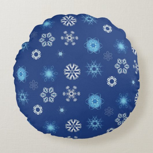 ベッドに降るクリスマスの雪の結晶 ラウンドクッション (正面)