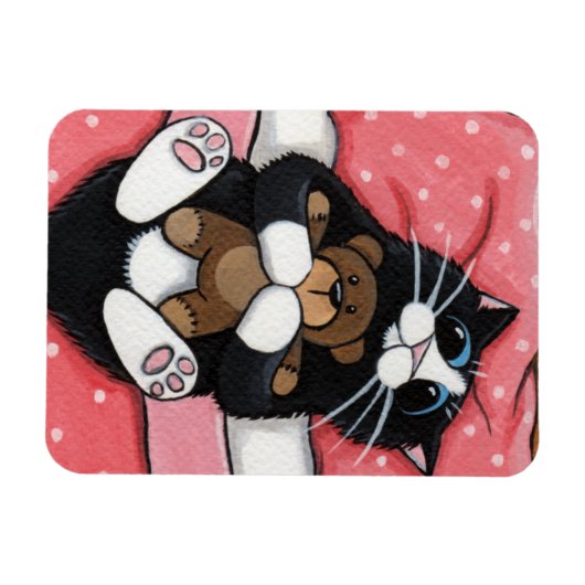 ベッドのマグネットにテディベアを装着した可愛い猫 マグネット (横)