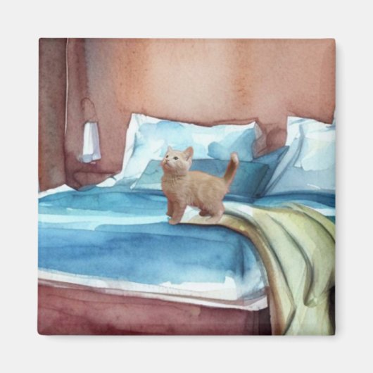 ベッドの上の子猫 マグネット (正面)