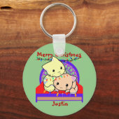 ベッドの上の猫のクリスマスパーソナライズされた、名前 キーホルダー (正面)