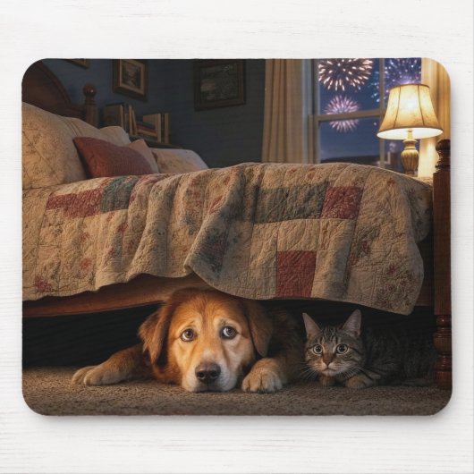 ベッドの下に隠れる犬と猫 マウスパッド (正面)