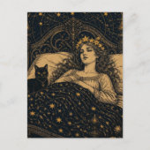 ベッドの中の幻想的な女王と黒猫 ポストカード (正面)