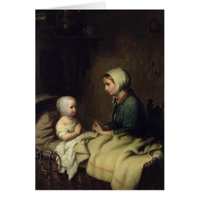 ベッドの彼女の祈りの言葉を言っている小さな女の子 (正面)