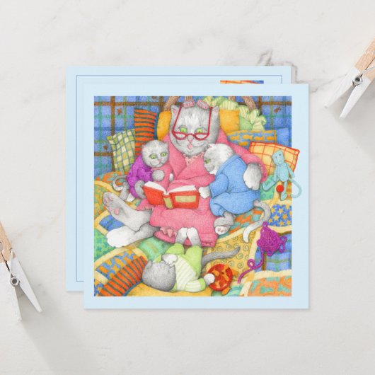 ベッドタイムストーリースクエアフラット誕生日カード/ブルー カード (正面/裏面インサイチュ)